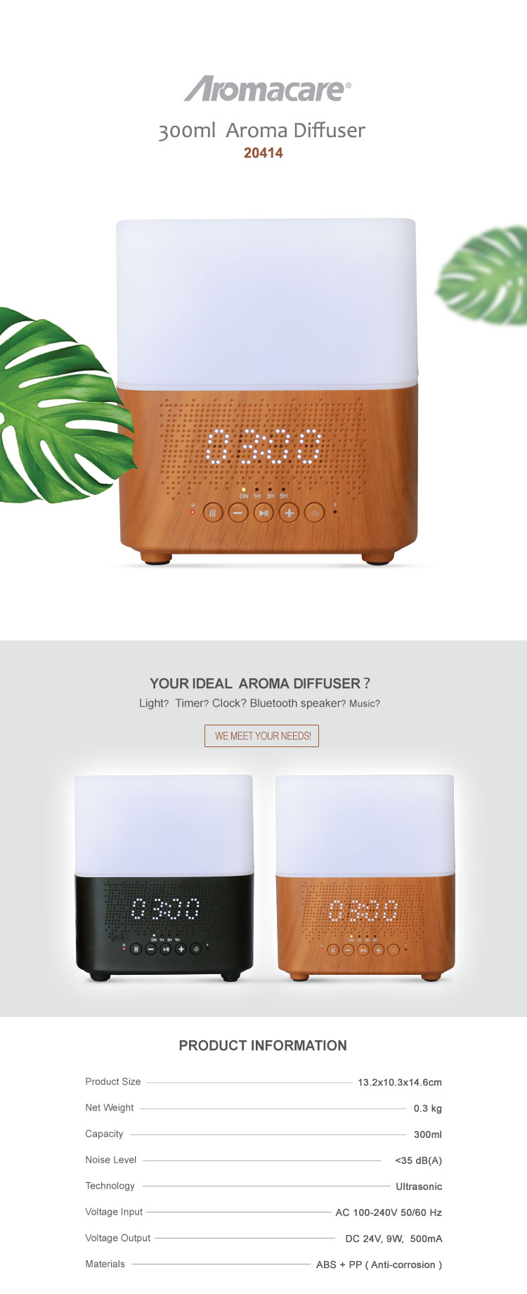 Cool Mist 300ml Led Aroma Diffuser with Alarm Clock