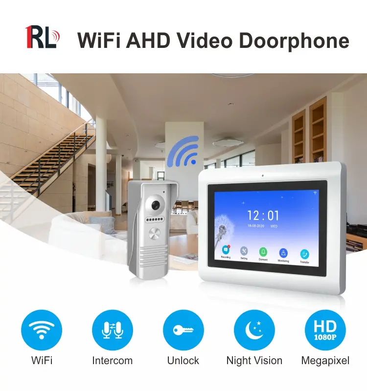Video door phone, RL-T07F-WIFI, 4 wires, up to 4 indoor monitors, 2 outdoor units and 2 CCTVs, Tuya smart, 2.4GHz WiFi, 7” touch screen, 1024*600, 1080P camera, hands-free, lock release1