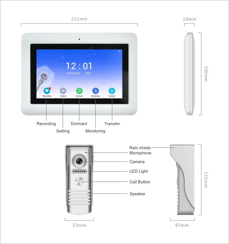 Video door phone, RL-T07F-WIFI, 4 wires, up to 4 indoor monitors, 2 outdoor units and 2 CCTVs, Tuya smart, 2.4GHz WiFi, 7” touch screen, 1024*600, 1080P camera, hands-free, lock release10