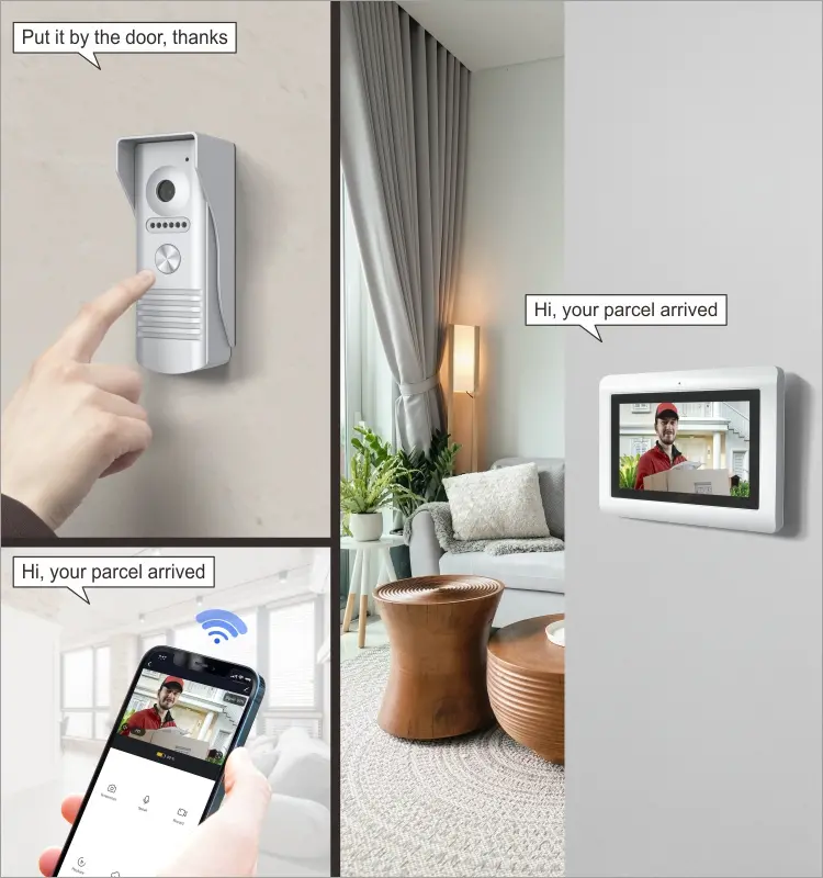 Video door phone, RL-T07F-WIFI, 4 wires, up to 4 indoor monitors, 2 outdoor units and 2 CCTVs, Tuya smart, 2.4GHz WiFi, 7” touch screen, 1024*600, 1080P camera, hands-free, lock release2