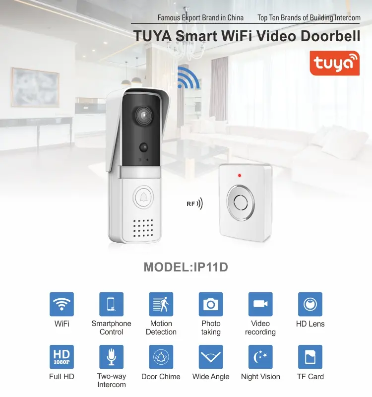 Video doorbell, RL-IP11D, Tuya smart, 2.4GHz WiFi, battery powered, motion detection, night vision, 128GB TF card, wireless chime 1