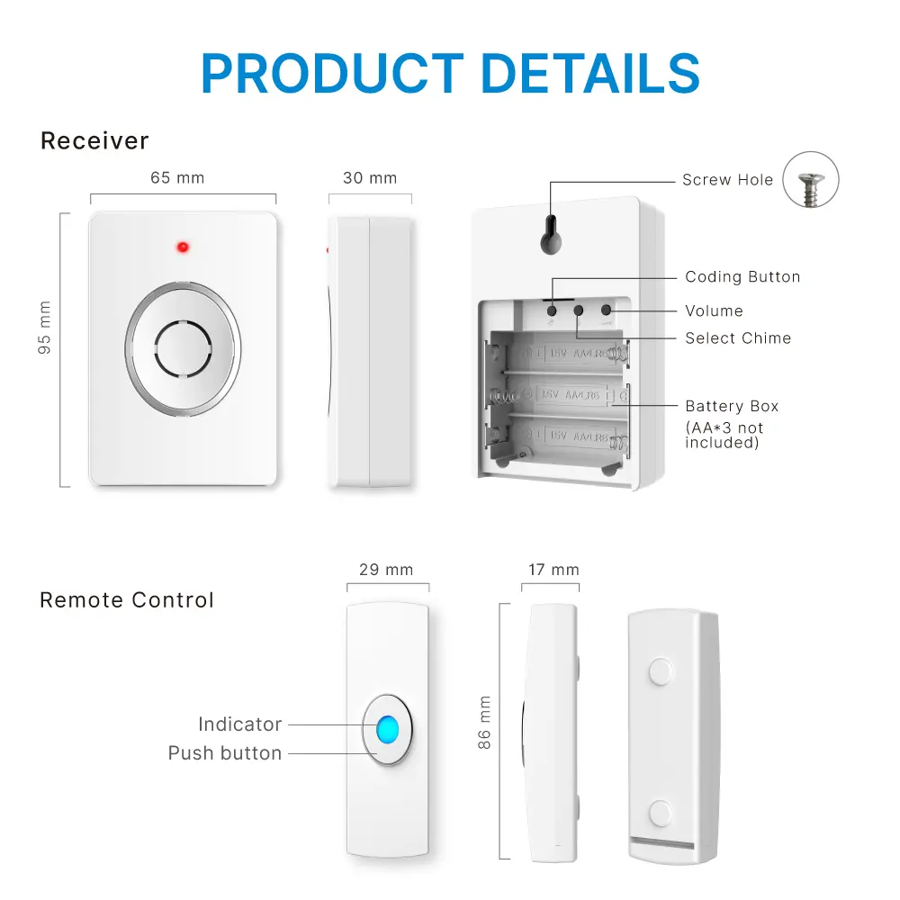 Wireless doorbell, door chime, RL-2R3936, battery-powered, 1 transmitter and 2 receivers, anti-interference, 38 tunes/melodies/ringtones, 433MHz, 150 meters_09