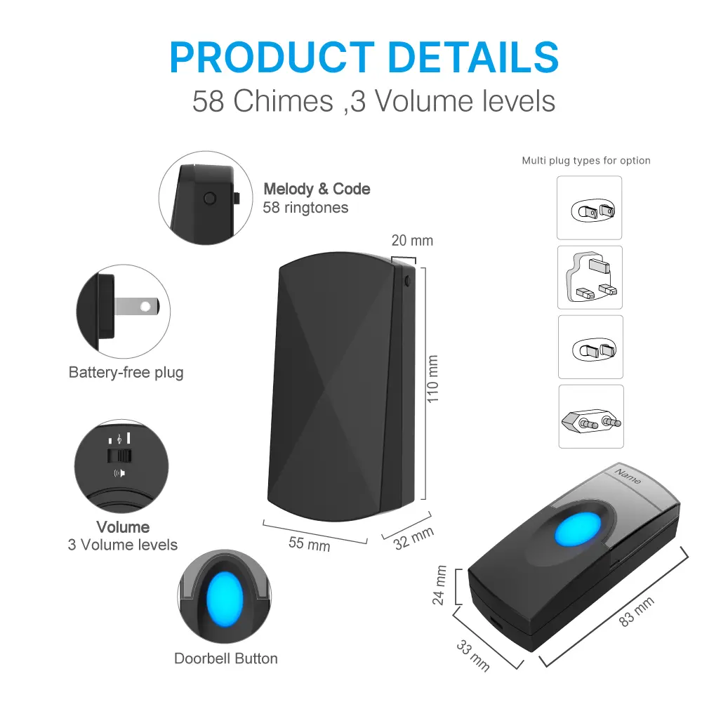Wireless doorbell, door chime, RL-3818A, AC power, anti-interference, 58 tunes/melodies/ringtones, 433MHz, 150 meters_09