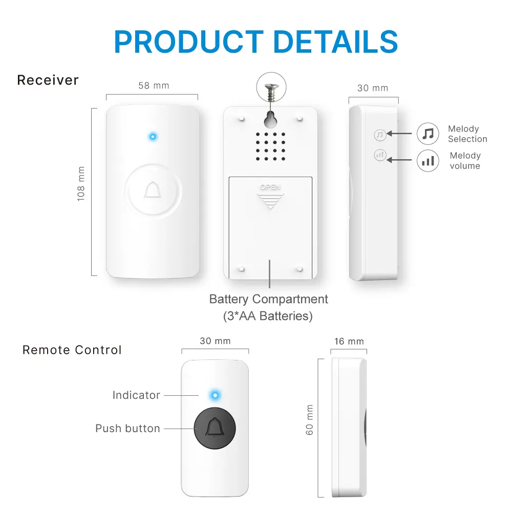 Wireless doorbell, door chime, RL-3990, battery powered, anti-interference, 38 tunes/melodies/ringtones, 433MHz, 150 meters_09