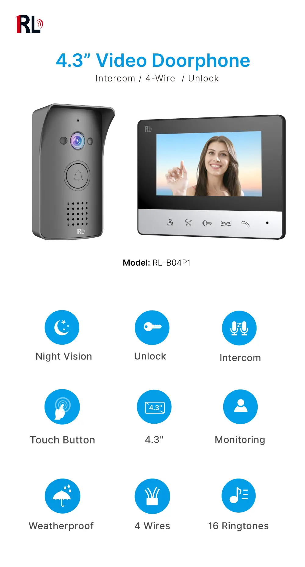 4.3” Video Doorphone #RL-B04P1--4.3 inch TFT screen with widescreen images and no radiation, low power consumption but high defifinition. _01