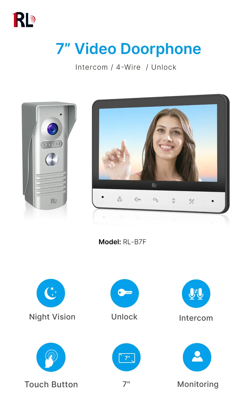 7inch Video Doorphone #RL-B7F- 7inch TFT screen with widescreen images and no radiation, low power consumption but high definition. Water-proof, oxidation-proof, _01