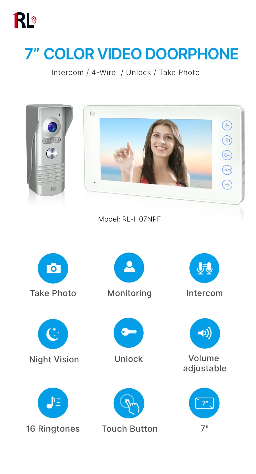 7inch Video Doorphone With Photo Memory #RL-H07NPU. - Between indoor & outdoor units- Weatherproof- Night vision camera - Capture clear image even at night._01