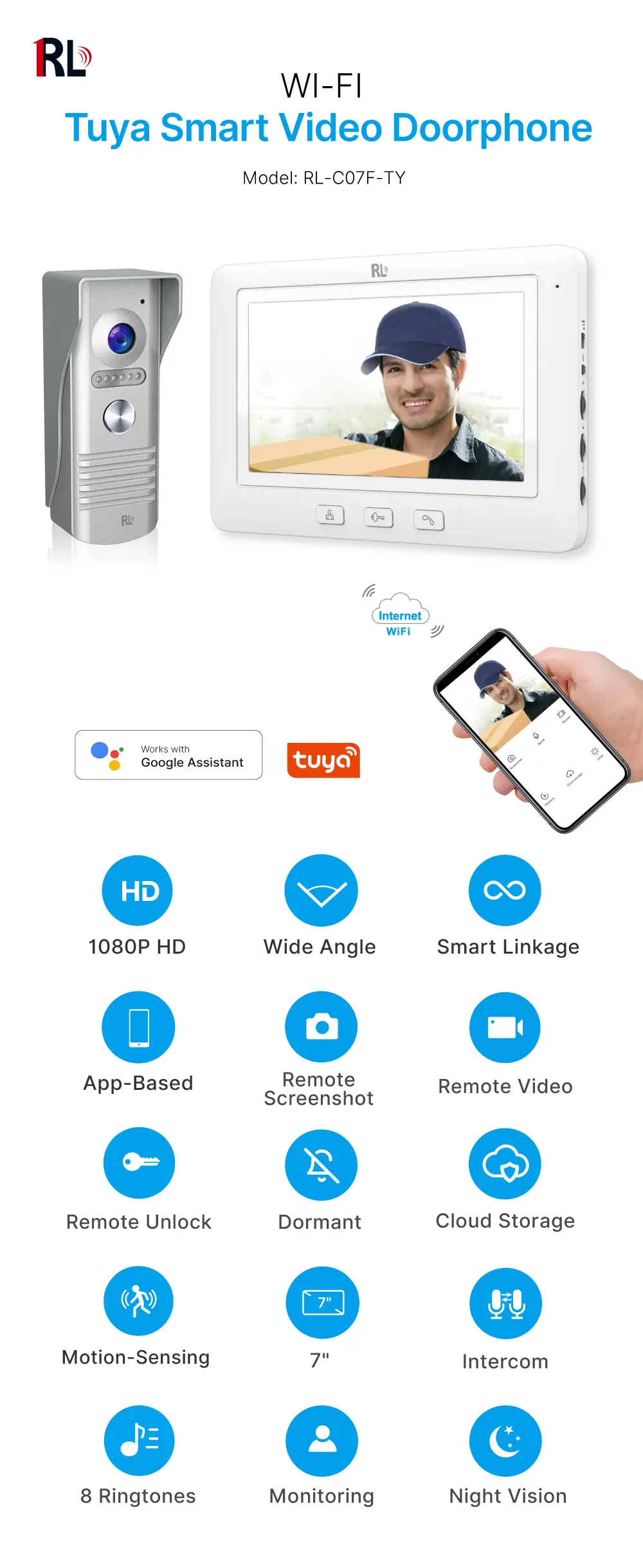 7inchTuya Smart Video Doorphone # RL-C07F-TY- 1080P AHD Doorbell.- Built-in Mega HD camera.- Motion-Sensing - Cloud storage- Weatherproof ,Suitable for outdoor use.- Easy 4-wire connection_01