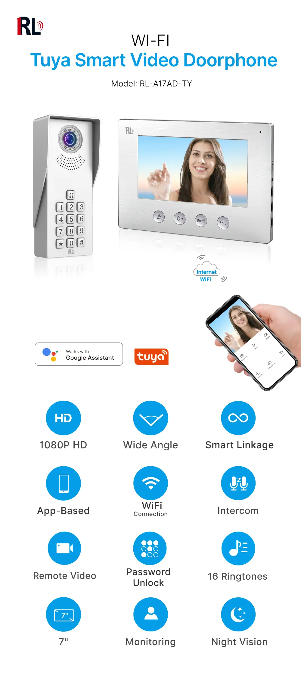 7inch WIFI AHD Video Doorphone #RL- Keypad tone indicating, with key pad back light design for easy operation at night. - Camera light compensation at night. - Release the electric lock and gate lock. - User code unlocking. - Monitor the outside. _01