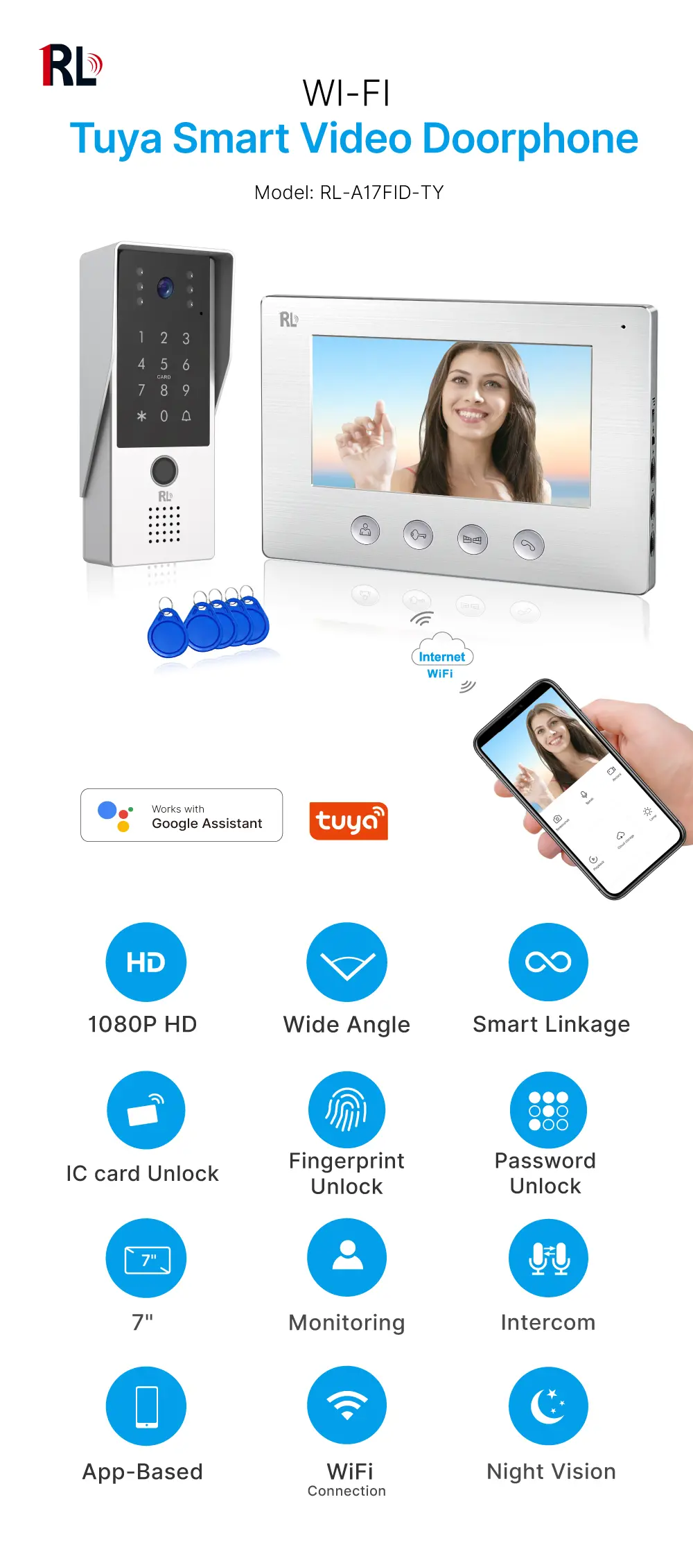  7inch WIFI AHD Video Doorphone #RL-A17FID-TY - With the Tuya Smart APP- Two million pixels HD camera. - Electric lock and gate lock connection. - IC card/Fingerprint and user code unlocking. _01