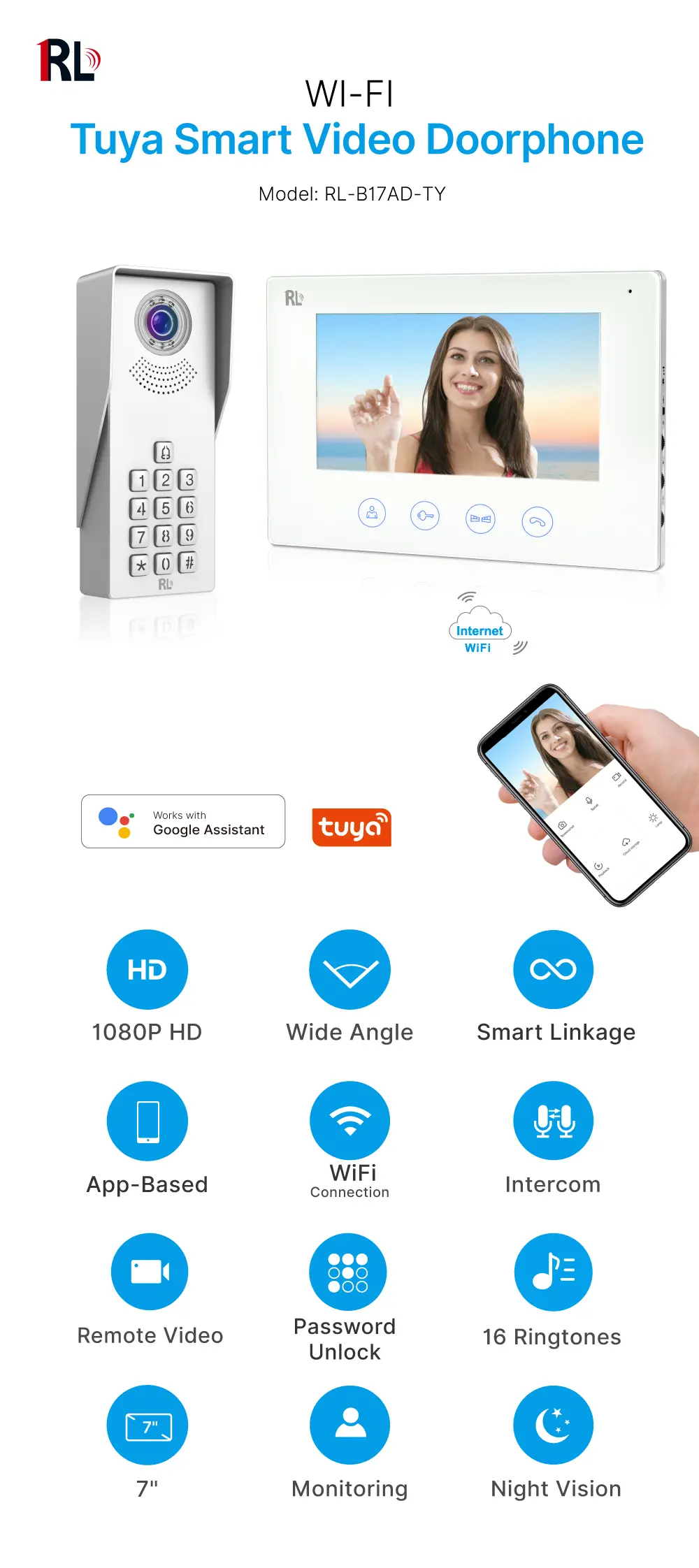 7 inch WIFI AHD Video Doorphone #RL-B17AD-TY- Camera light compensation at night. - Release the electric lock and gate lock. - User code unlocking. - Monitor the outside. - With the Tuya Smart APP_01