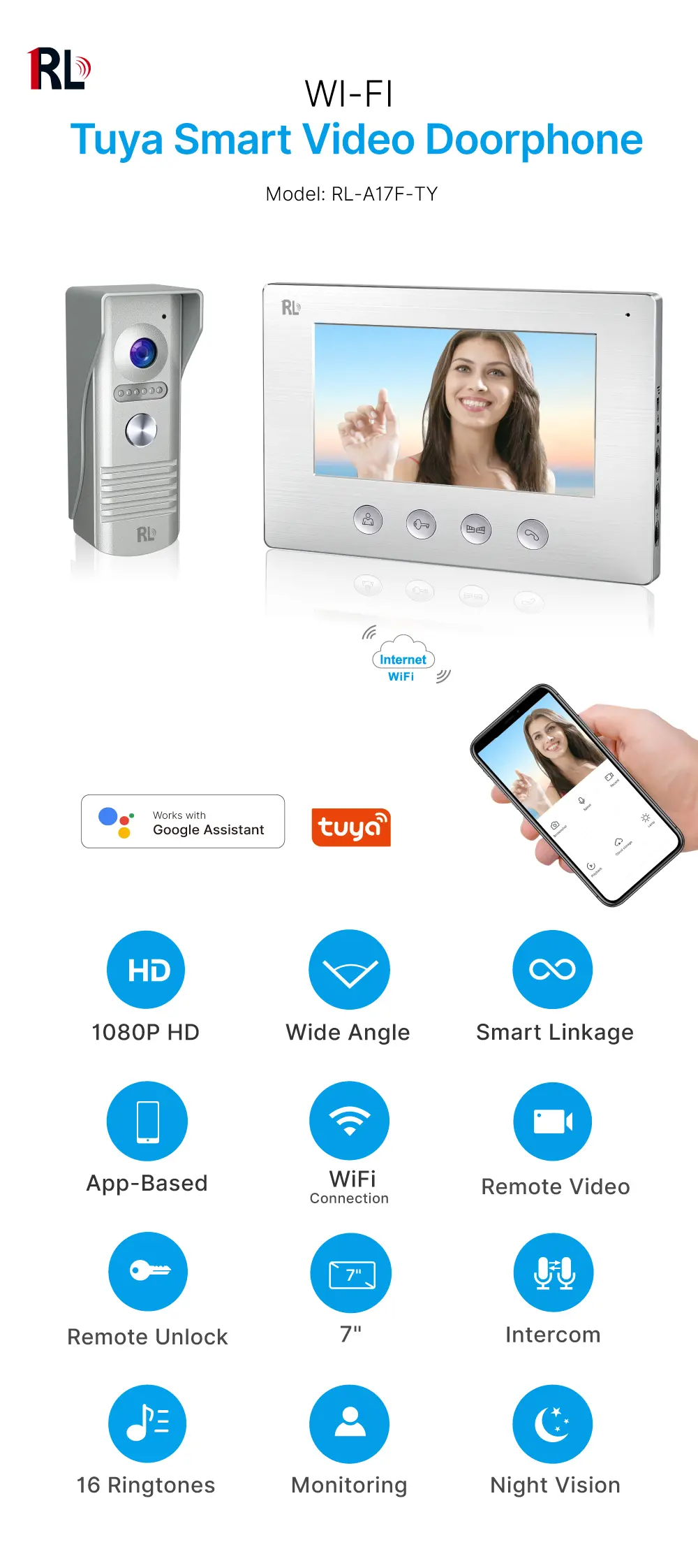 7 inch WIFI AHD Video Doorphone #RL-A17F-TY - With the Tuya Smart APP - Two million pixels HD camera. - 16 melodies for option. - Electric lock and gate lock connection._01