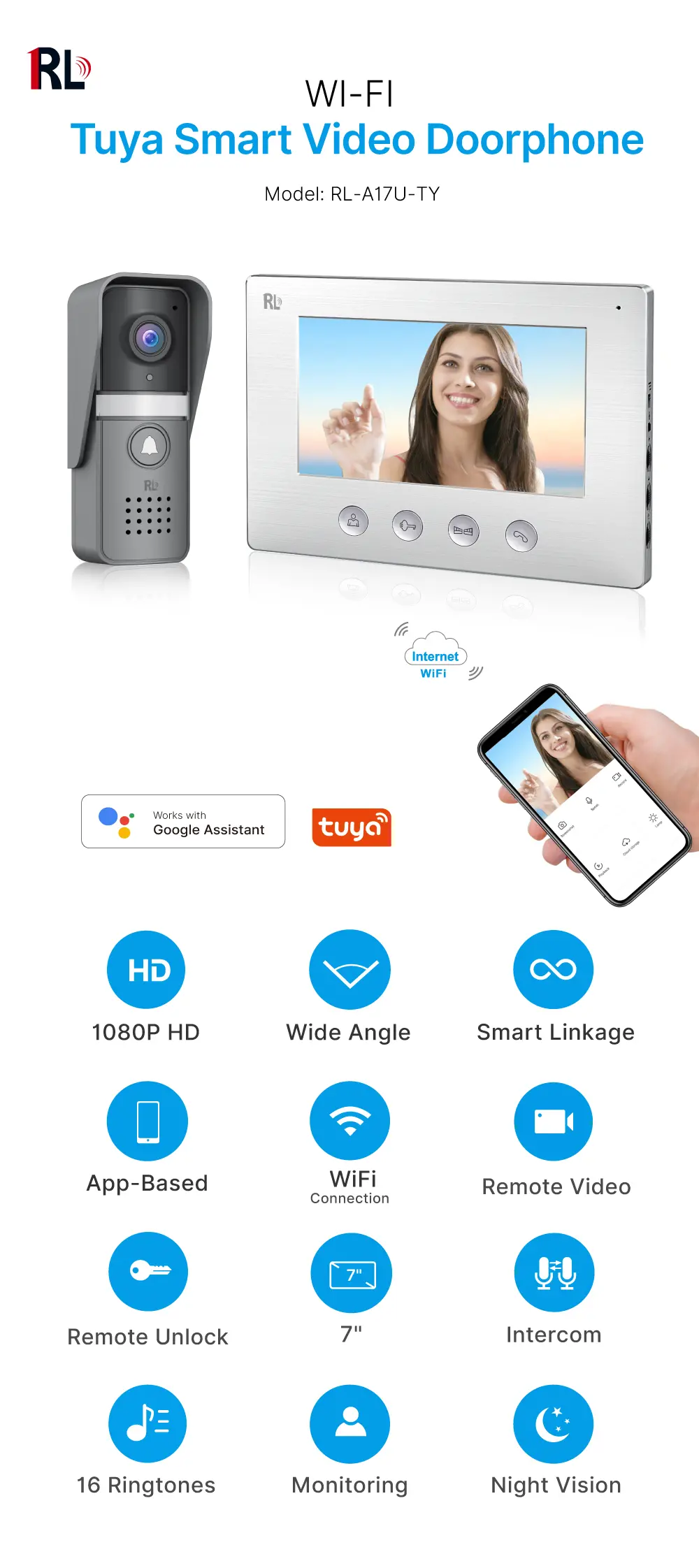 7 inch WIFI AHD Video Doorphone #RL-A17U-TY - With the Tuya Smart APP, you can remotely monitor, intercom and unlock. - Two million pixels AHD camera. - 16 melodies for option. - Electric lock and gate lock connection. _01
