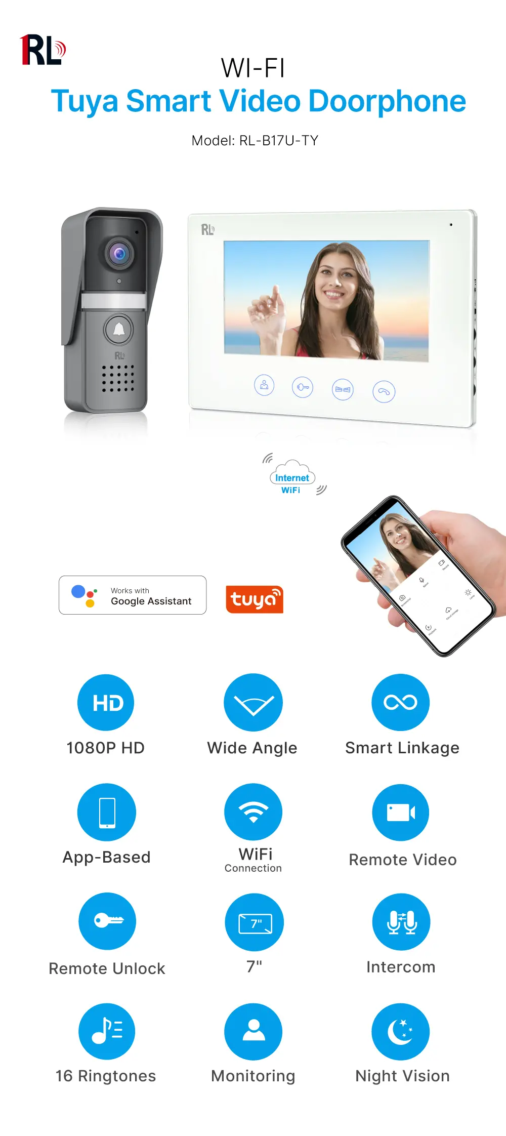 7 inch WIFI AHD Video Doorphone #RL-B17U-TY- With the Tuya Smart APP, you can remotely monitor, intercom and unlock. - Two million pixels AHD camera. - 16 melodies for option. - Electric lock and gate lock connection. _01