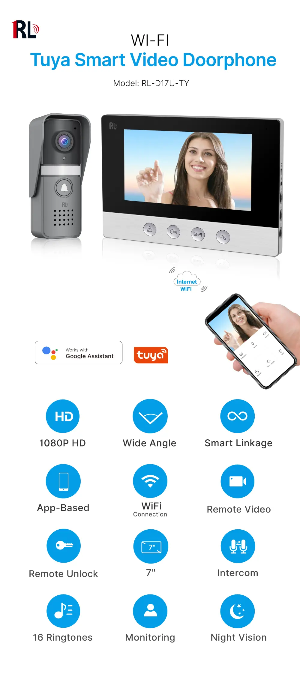 7 inch WIFI AHD Video Doorphone #RL-D17U-TY- With the Tuya Smart APP, you can remotely monitor, intercom and unlock. - Two million pixels AHD camera. - 16 melodies for option. - Electric lock and gate lock connection. _01