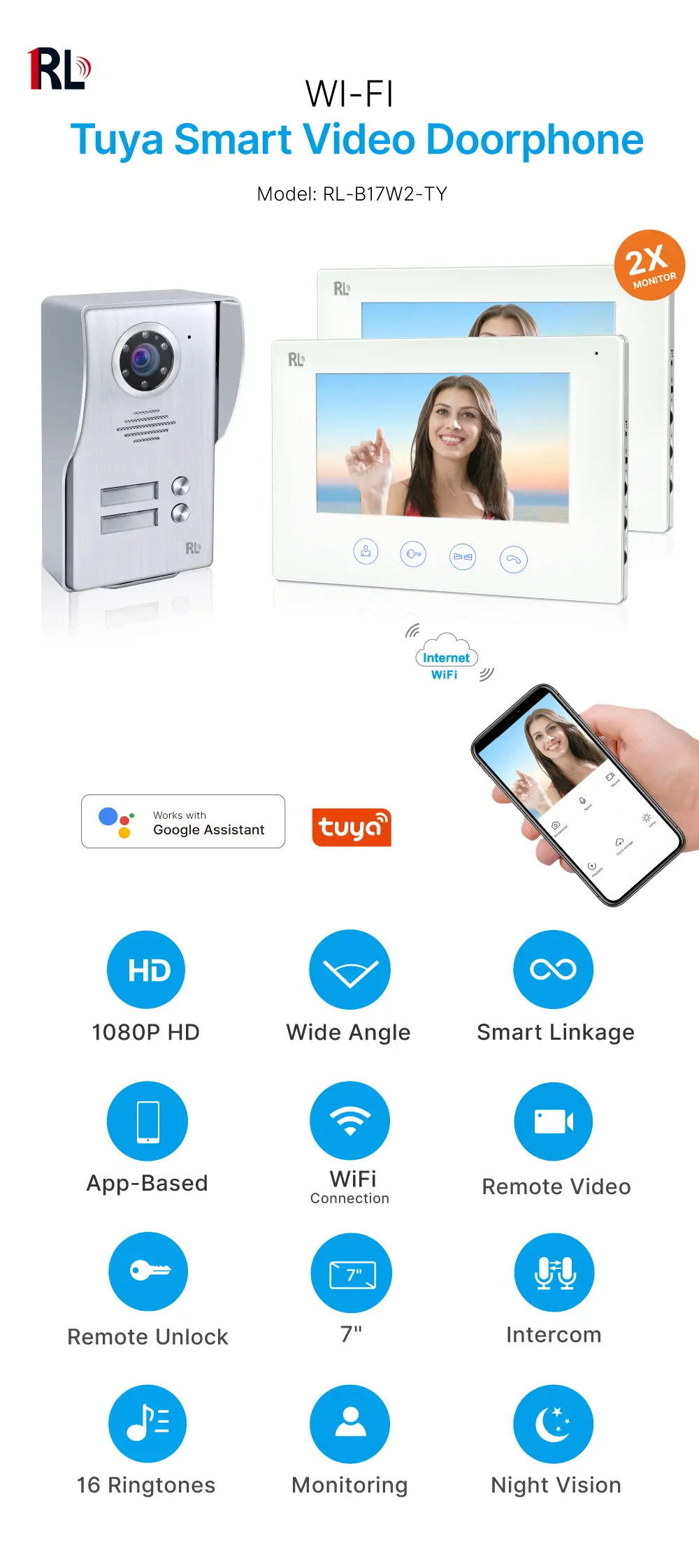 7 inch TUYA WIFI Smart Video Doorp #RL-B17W2-TY . - Between indoor & outdoor units See, hear and speak to visitors from anywhere 1080P AHD Doorbell. - Built-in Mega HD camera. - Suitable for various environment and outdoor use.- Night Vision camera _01