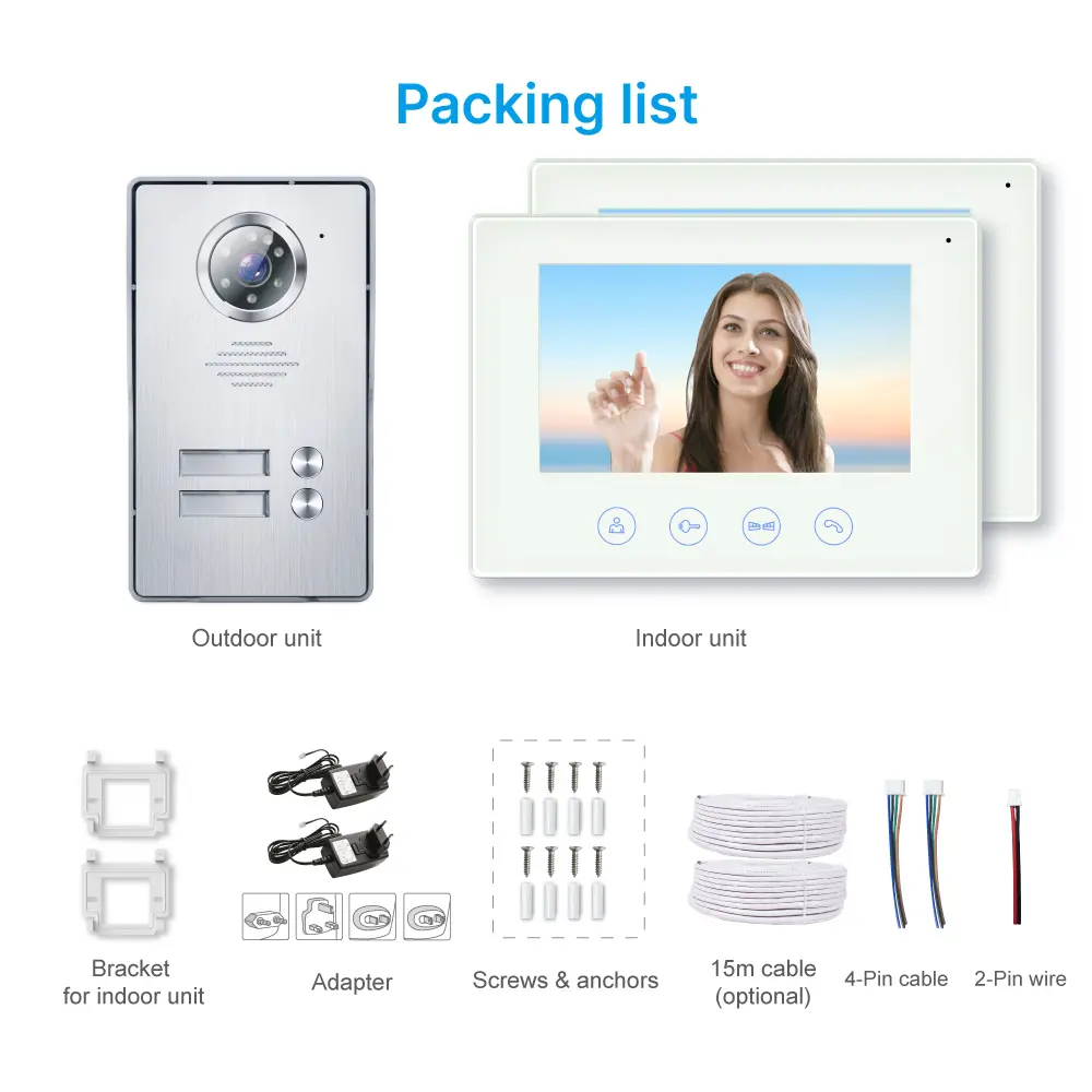 7 inch TUYA WIFI Smart Video Doorp #RL-B17W2-TY . - Between indoor & outdoor units See, hear and speak to visitors from anywhere 1080P AHD Doorbell. - Built-in Mega HD camera. - Suitable for various environment and outdoor use.- Night Vision camera _13