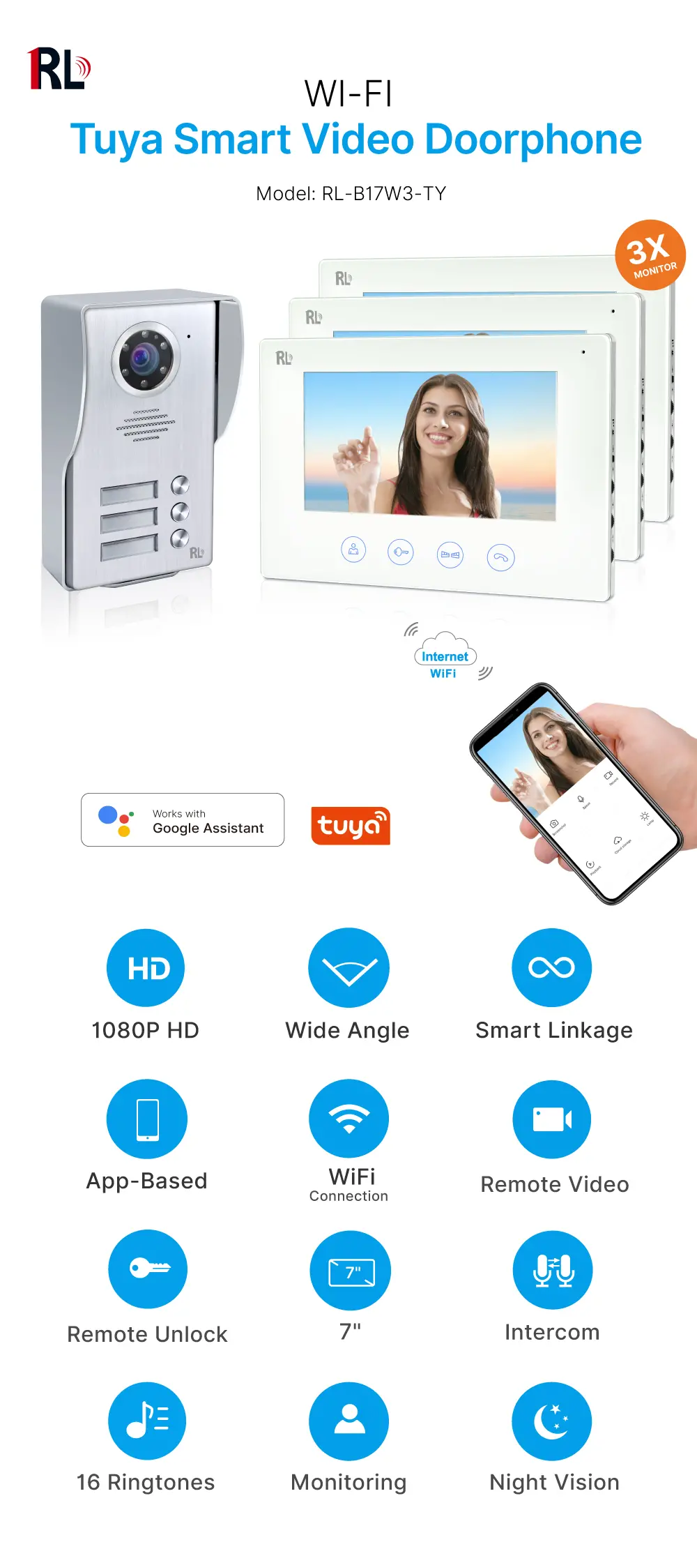 7 inch TUYA WIFI Smart Video Doorphone#RL-B17W3-TY- Easy 4-wire connection.- Between indoor & outdoor units See, hear and speak to visitors from anywhere 1080P AHD Doorbell .- Built-in Mega HD camera - Night Vision camera. _01