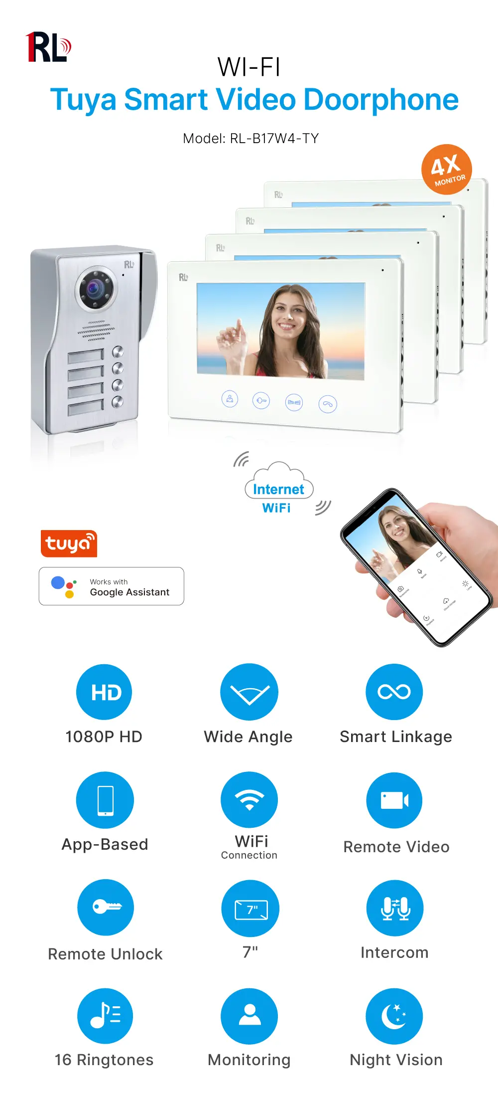 7 inch TUYA WIFI Smart Video Doorphone #RL-B17W4-TY - Easy 4-wire connection. - Support up to 4 flats. - Between indoor & outdoor units See, hear and speak to visitors from anywhere 1080P AHD Doorbell - Built-in Mega HD camera - Night Vision camera _01