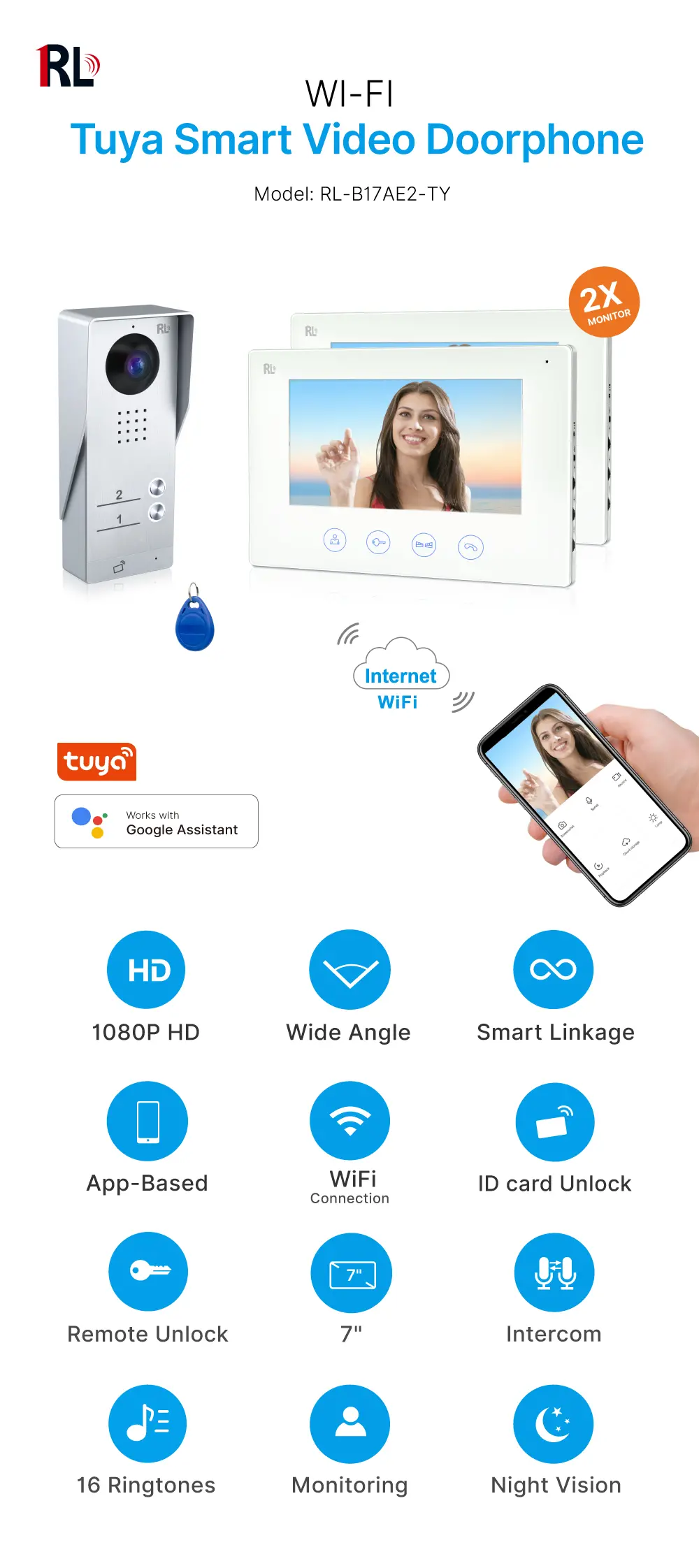 7 inch WIFI AHD Video Doorphone #RL-B17AE2-TY- Support up to 2 flats.- Camera light compensation at night. - Release the electric lock and gate lock. - With the Tuya Smart APP, you can remotely monitor, intercom and unlock. - Two million pixels AHD camera _01