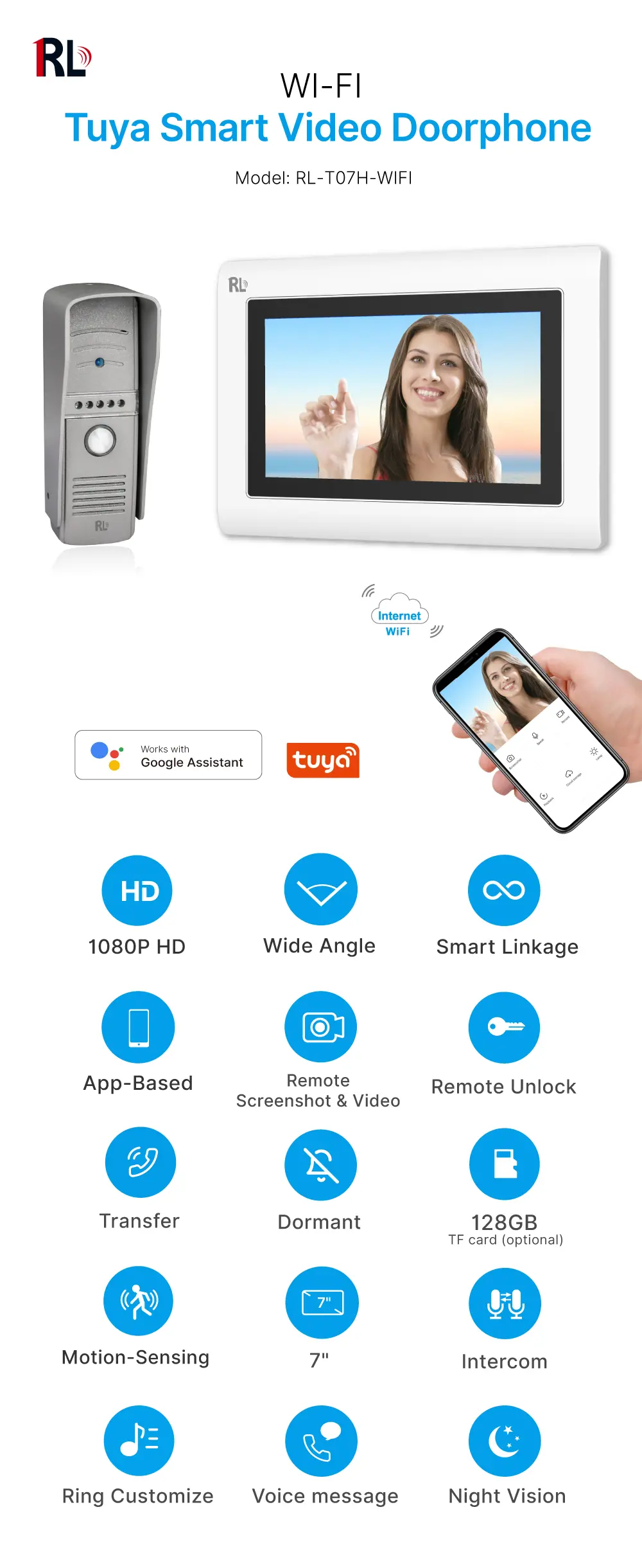 7 inch WIFI AHD Video Doorphone #RL-T07H-WIFI- With TuyaSmart APP- Max. 2 million pixels AHD camera. - Max. 128G TF card - Support motion detection. - Voice message function. _01