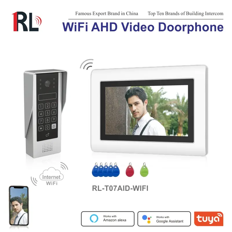 7 inch WIFI AHD Video Intercom System #RL-T07AID-WIFI - With TuyaSmart APP - Max. 2 million pixels AHD camera. - Max. 128G TF card - Support motion detection. - Voice message function. - Intercom between indoor units. - ID card and user code unlocking. 1