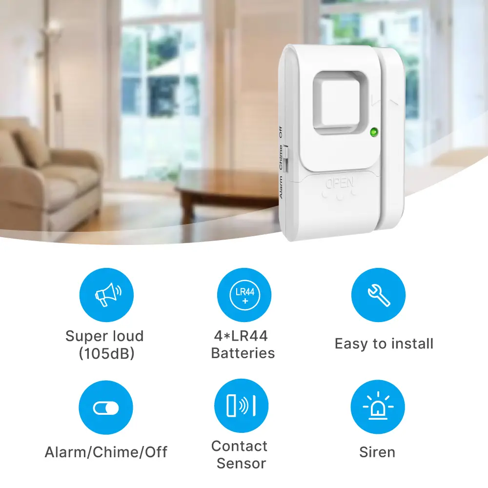 Window & Door Magnetic Alarm #RL-9805H -· 105dB alarm siren.-· Easy access off/Chime/Alarm switch.-· Low battery test button._02