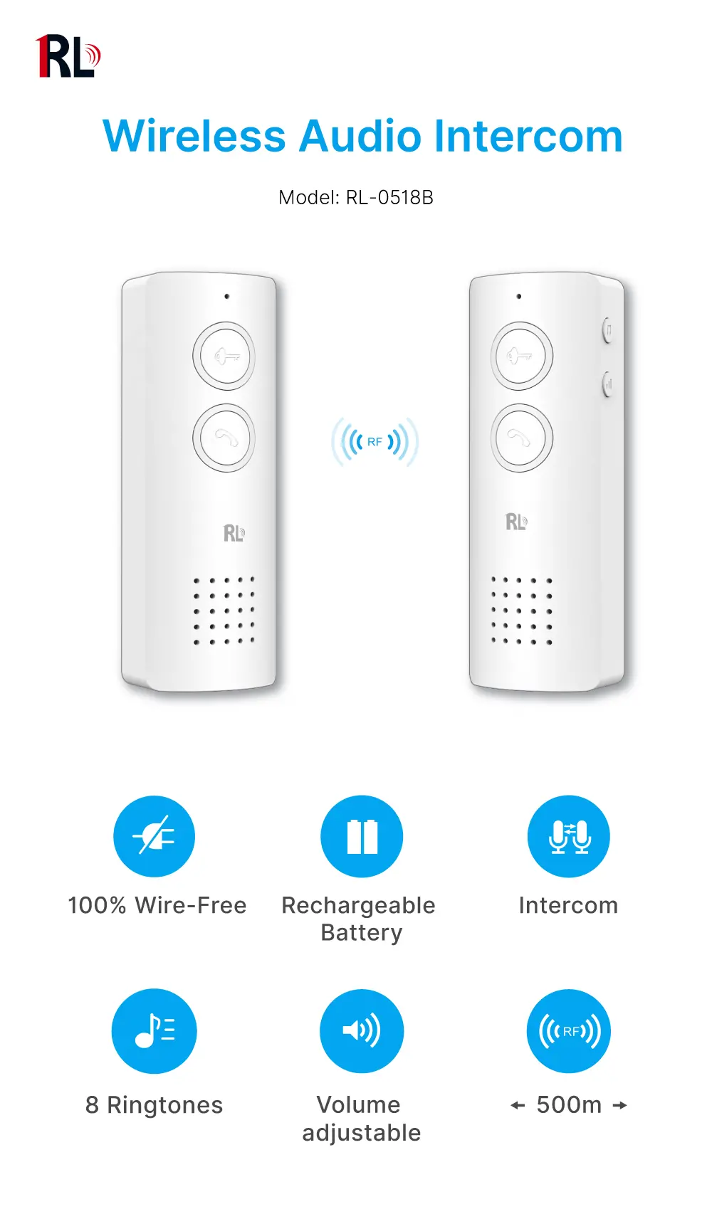 Wireless Audio Intercom #RL-0518B - Wireless duplex communication, - 8 ringtones for option - Indicator lights for low battery status and battery charging status.- Up to 500m distance _01