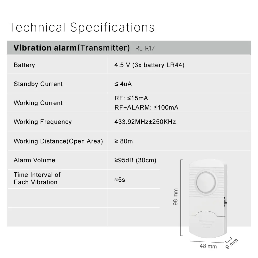 433MHz Wireless Alarm Kit #RL-9830G4 - Super loud (100dB) - 100% Wire-Free - Motion-Sensing - 100° Wide Angle - Remote Control - Do it yourself - Easy to install - Built-in Shock Sensor_06