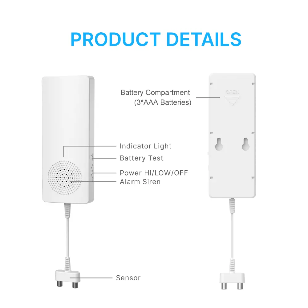 Water Leak Alarm #RL-9807B · Alarm is triggered once water leakage or flooding is detected.· Unique slim, weather resistant design.· Omni-directional sensor for fast & accurate water detection.· Battery testing button with low battery indication._04