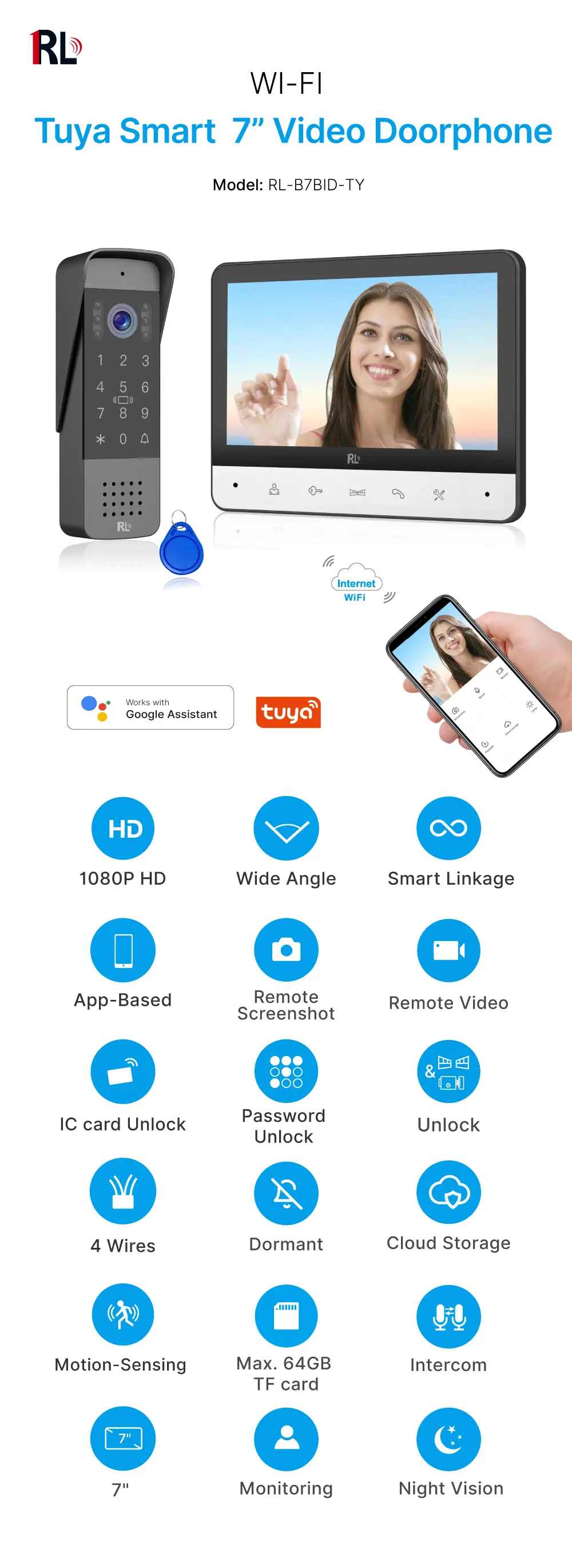 Tuya Smart 7 inch Video Doorphone #RL-B7BID-TY - Max. 64GB TF card.- IC card unlock, Password unlock.- Do not disturb function.- Max. 2 million pixels AHD camera.- Electric lock and gate lock release, unlock time can be set.- Capacitive touch buttons._01