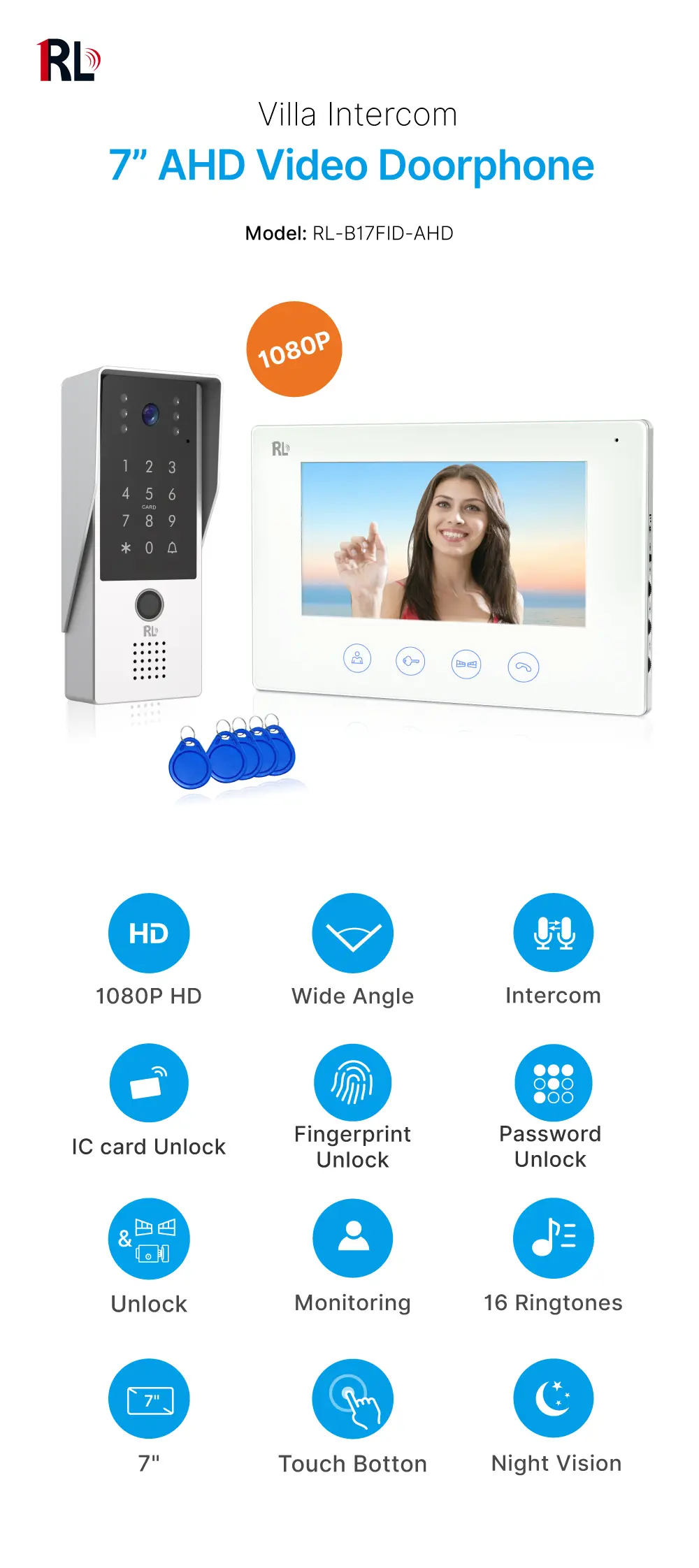 7 inch AHD Video Doorphone #RL-B17AID-AHD- Two million pixels AHD camera. - Keypad tone indicating. - Camera light compensation at night. - Release the electric lock and gate lock. - Release the electric lock by ID card, user code or exit button. _01