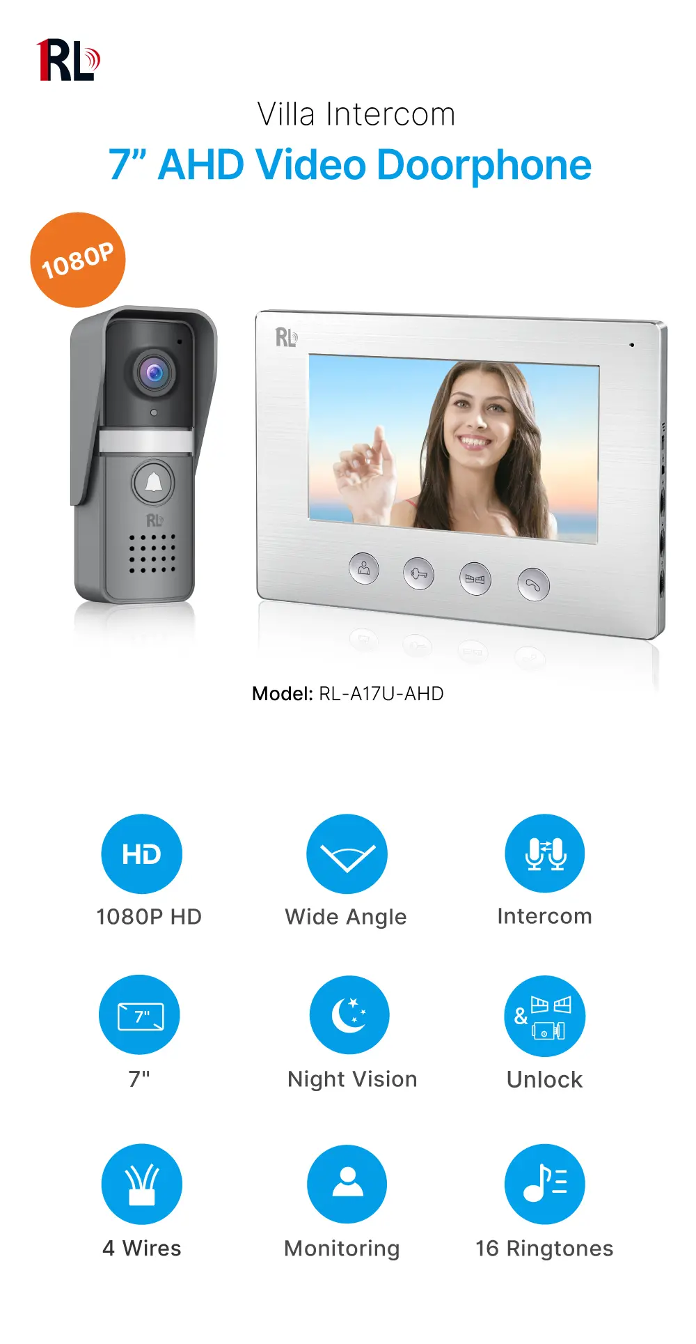  7 inch AHD Video Doorphone #RL-A17U-AHD - Water-proof, oxidation-proof, - Camera light compensation at night. - Release the electric lock and gate lock. - Monitor the outside. _01