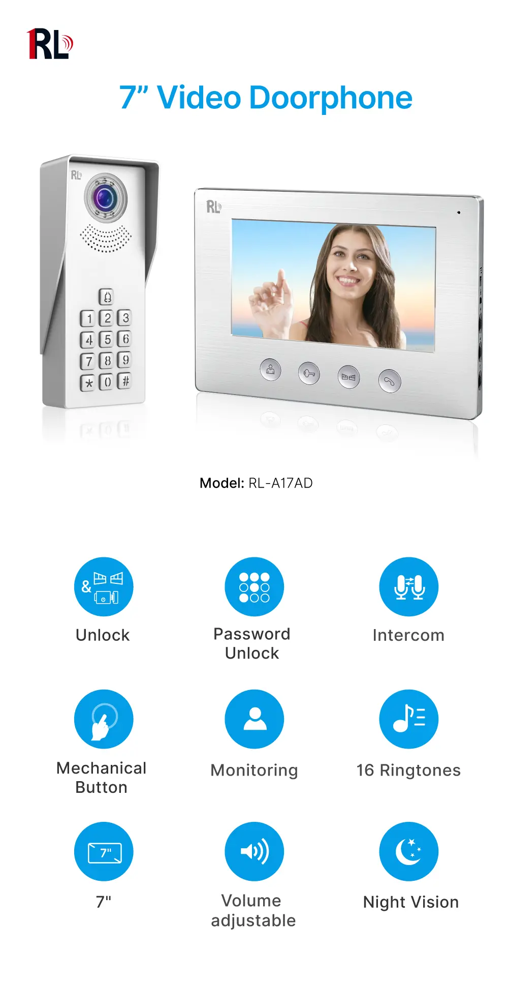  7inch Video Doorphone #RL-A17AD- Keypad tone indicating, with key pad back light design for easy operation at night. - Camera light compensation at night. _01