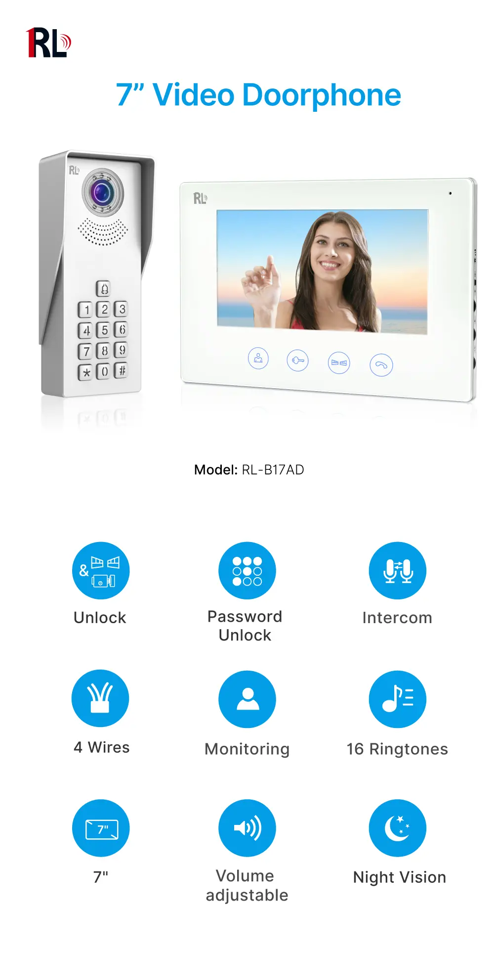  7inch Video Doorphone #RL-B17AD- Keypad tone indicating, with key pad back light design for easy operation at night. - Camera light compensation at night. _01