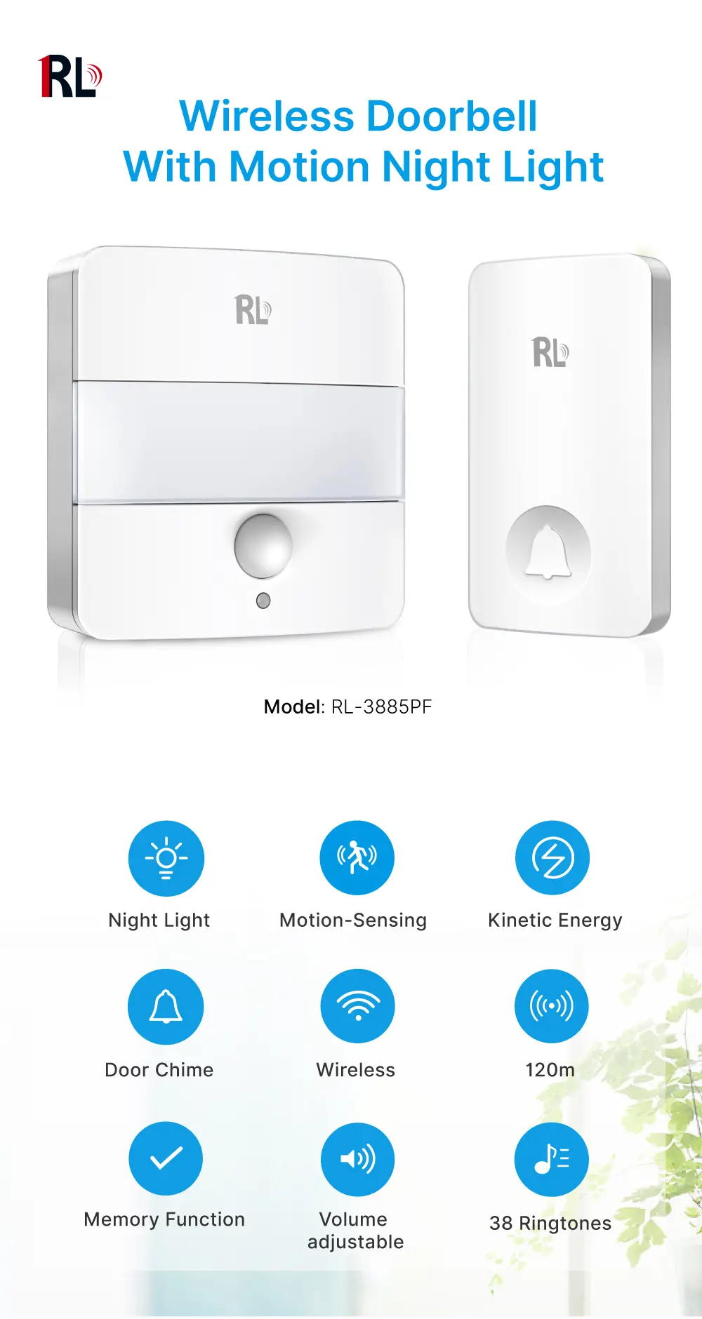 Wireless-doorbell-with-motion-night-light,-RL-3885FP,-Kinetic-Energy-Motion-Sensing-Memory-Function_01