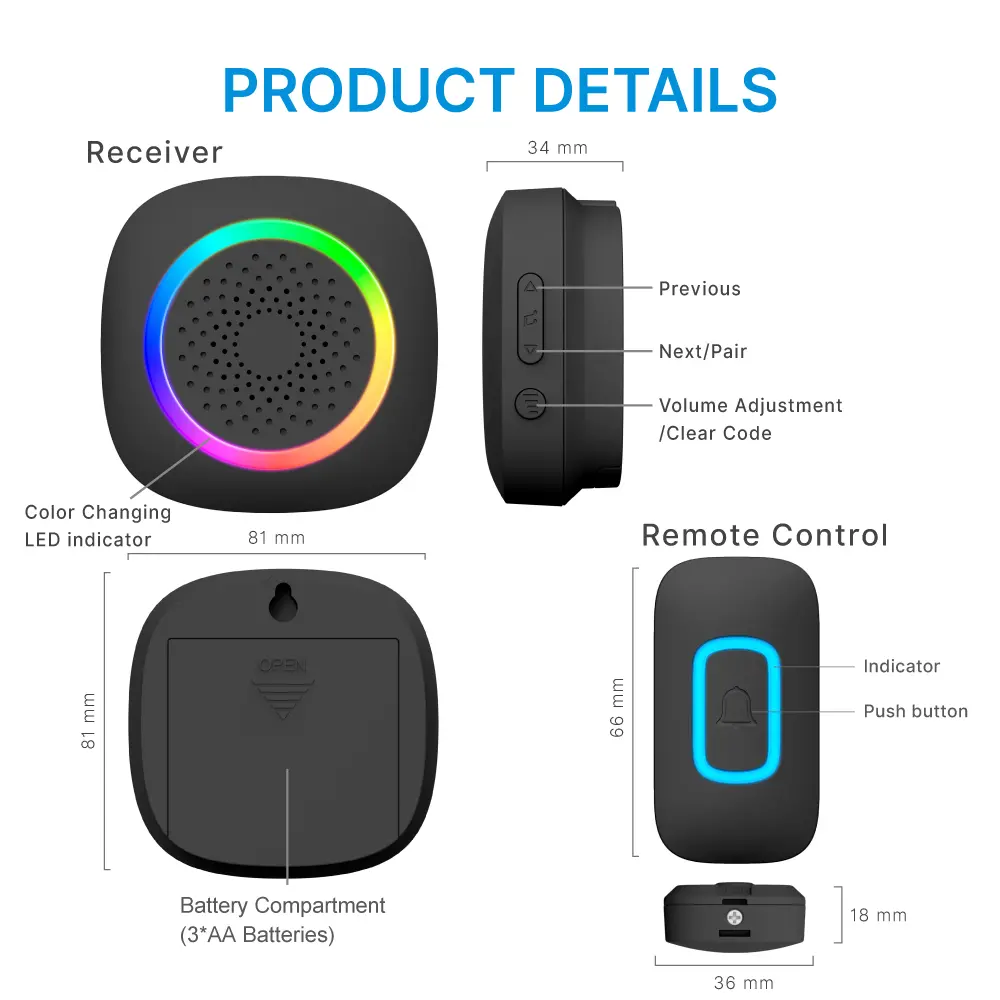 Wireless doorbell, door chime, RL-3995, battery-powered, anti-interference, 60 tunes/melodies/ringtones, 433MHz, 300meters，Color changing LED indicator._09